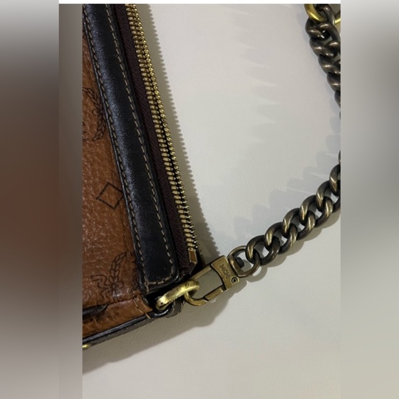 MCM Handbag Brown Black Leather Satchel Visetos Chain Strap Zip Clutch Purse - Picture 8 of 14